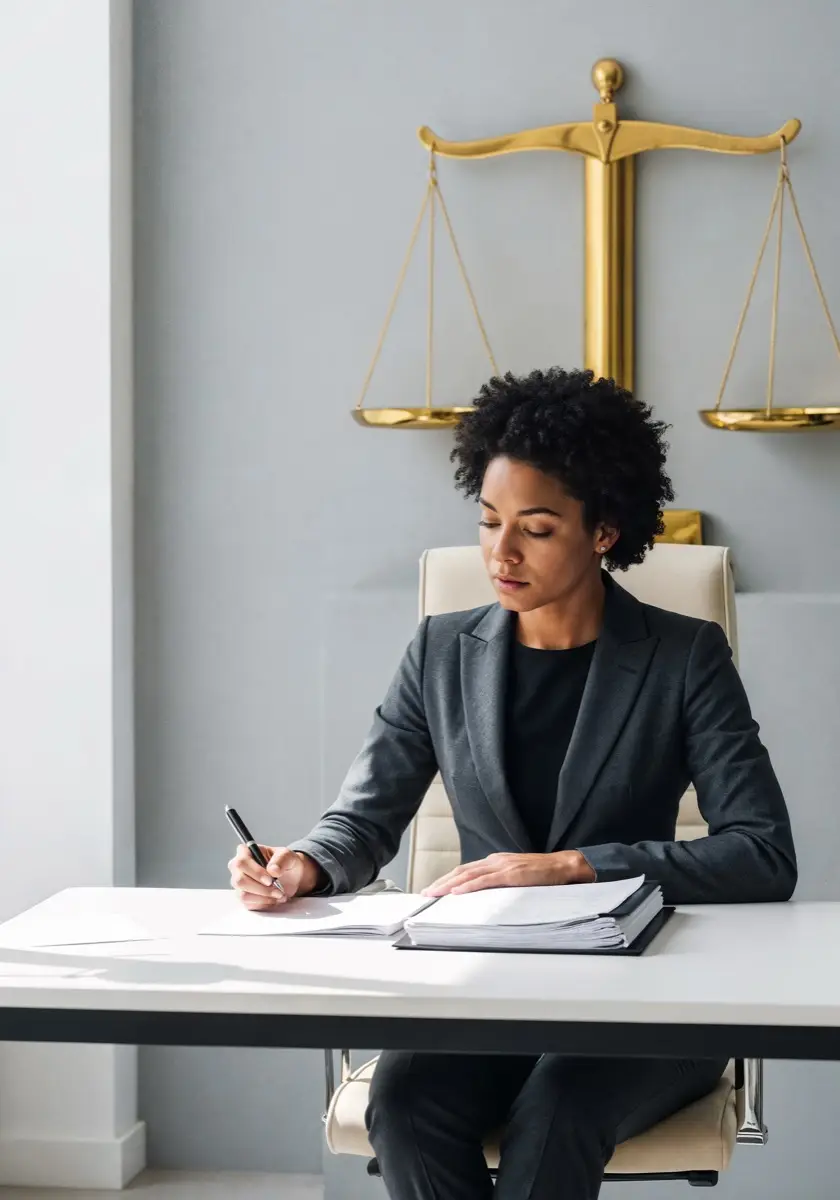Female Lawyer at a desk with scales behind her
